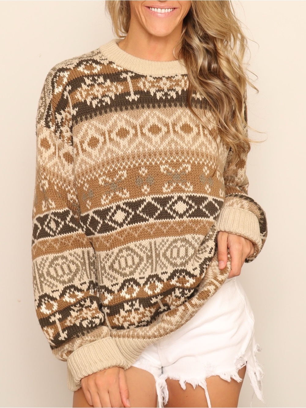 Vintage Grandpa Sweater 100% Cotton Beige & Brown Patterned Crewneck Sweater